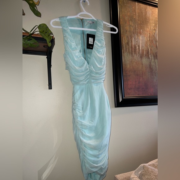 NEW Mint Blue Ruched Mini Cut Out Wrap Detail Dress - Picture 2 of 6